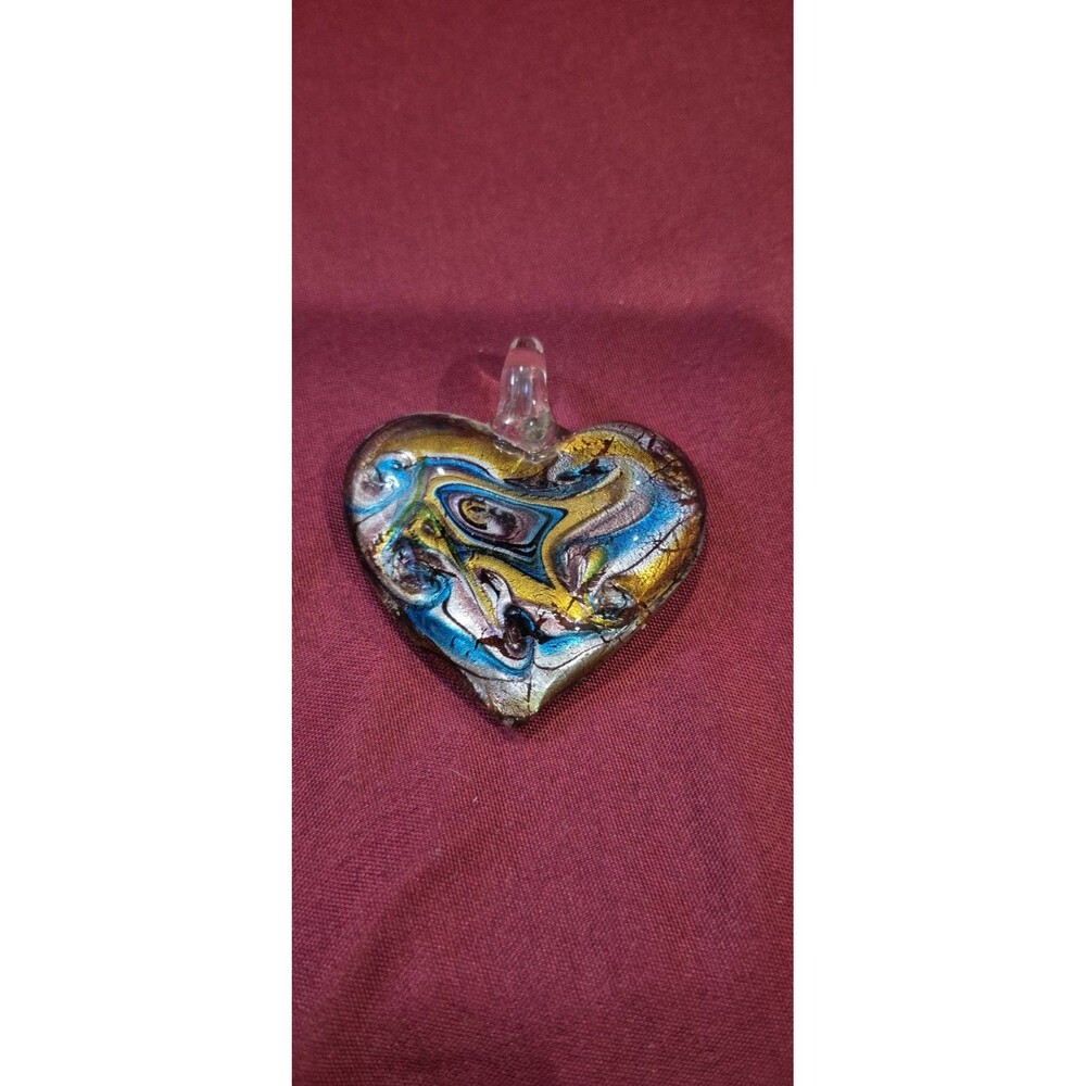 Murano Style Hand Blown Art Glass Heart Pendant Blue Gold Metallic Swirl